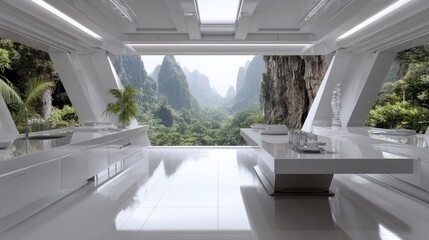 Modern Futuristic Interior With Mountain View