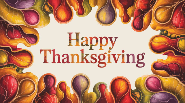 Happy thanksgiving greeting with a decorative border of colorful autumn leaves and abstract shapes