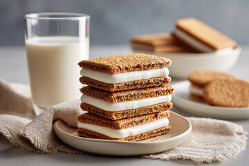 Graham cracker sandwiches with cream and a glass of milk.