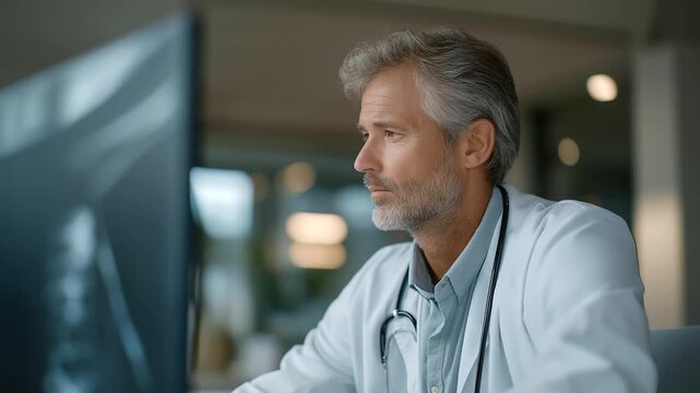 male physician reviewing imaging results with stethoscope on neck large monitor muted beeps cutting edge diagnostics three quarter wide angle cinematic color correction gentle