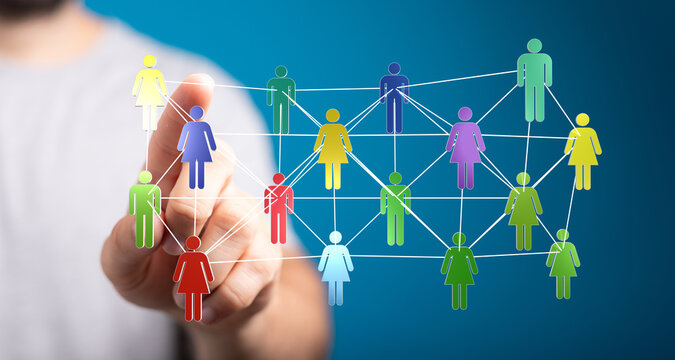 Concept of social networking, global communication and teamwork. Showing human figures connected together with lines. Represents business connec