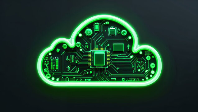 Cloud computing concept with glowing circuit board design on dark background