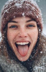 Happy Woman Catching Snowflakes with Tongue
