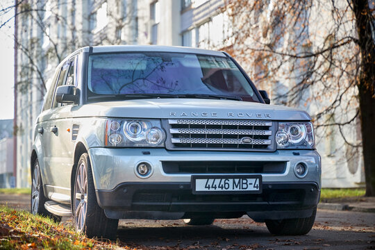 Minsk, Belarus - November, 5 2025: Land Rover Range Rover Sport mid size luxury SUV by British manufacturer Land Rover part of Jaguar Land Rover. Since 2005 1st first generation L320 model, front view