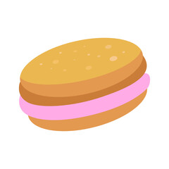 Delicious macaroon with pink filling isolated. Concept of delicious dessert and sweets. Simple flat vector illustration.