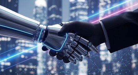 Robot and Human Silhouette Shaking Hands in Business