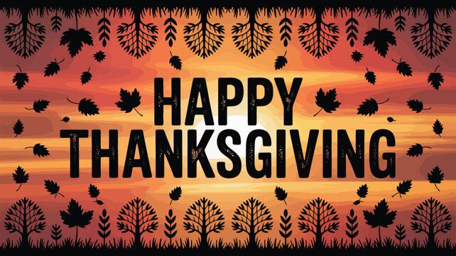 Happy thanksgiving text art with falling leaves and silhouette trees against a sunset sky - Powered by Adobe