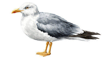 seagull bird standing on ground, realistic coastal seabird, isolated on white background
