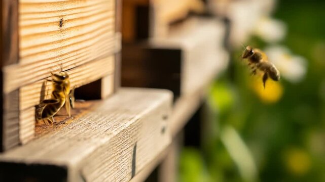 Close-up of wooden beehive entrance with busy bees entering/exiting, one flying