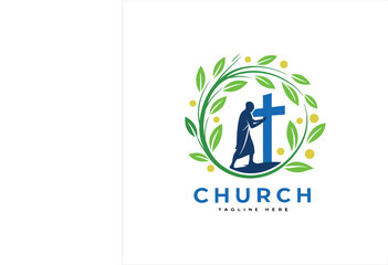 Christian Church Logo with Cross and Worshiper in Green Leaf Circle