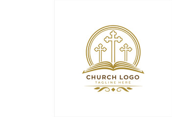 Church Logo Design with Three Crosses and Open Bible Illustration