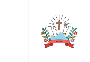 Good Friday Cross Illustration with Praying Hands and Flowers – Christian Religious Holiday Design