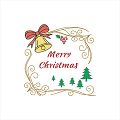 Merry Christmas Greeting Card with Bell, Ribbon, Holly Berries, and Christmas Trees – Holiday Illustration
