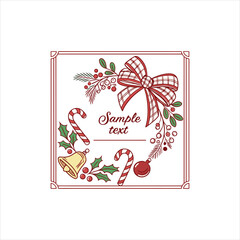 Christmas Greeting Card Design with Ribbon Bow, Candy Cane, Bell and Holly Decoration