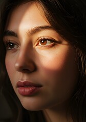 Pensive young womans face in dramatic sunlight and shadow.