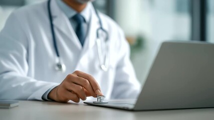 male physician using smart stethoscope streaming data to laptop muted chime real time diagnostics advanced care three quarter wide angle cinematic color correction gentle - Powered by Adobe