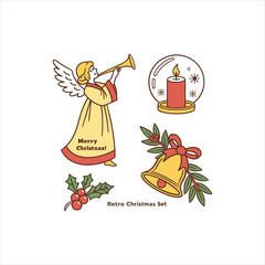 Retro Christmas Illustration Set – Angel, Bell, Candle, and Holly Decoration Design