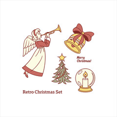 Retro Christmas Illustration Set – Angel, Bell, Candle, and Christmas Tree Design