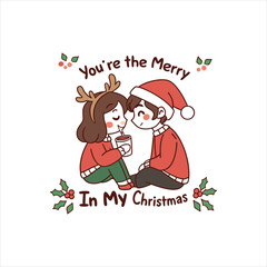 Cute Christmas Couple Illustration – “You’re the Merry in My Christmas” Romantic Holiday Design