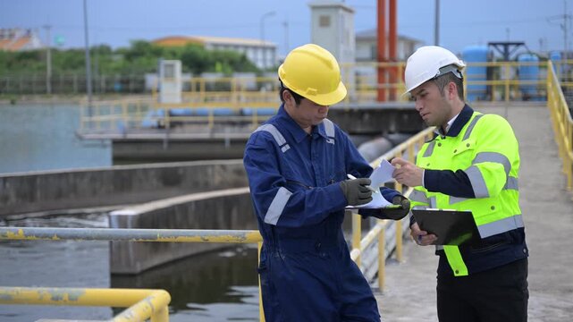 Engineers inspecting and discussing processes at a wastewater treatment plant focused on purification, recycling, and clean water reuse for sustainable industrial water management.