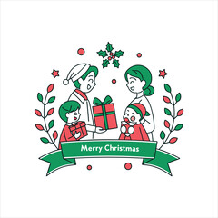 Happy Family Exchanging Christmas Gifts – Festive Holiday Celebration Illustration