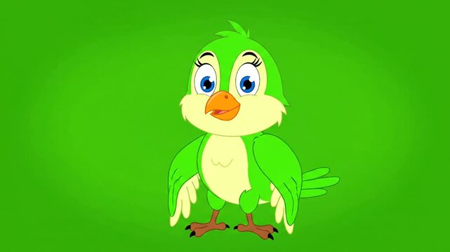 A cute cartoon green bird with blue eyes and an orange beak stands against a vibrant green background.