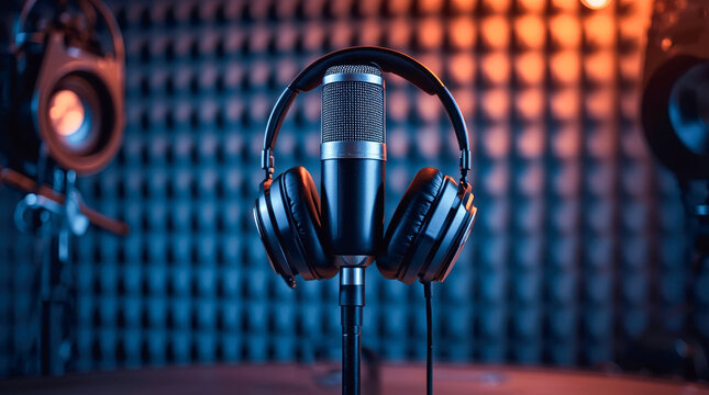 Professional audio recording setup featuring a studio microphone and headphones with a visualizer display
