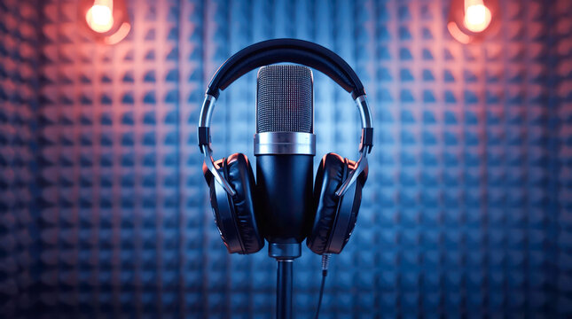 Professional audio recording setup featuring a studio microphone and headphones with a visualizer display