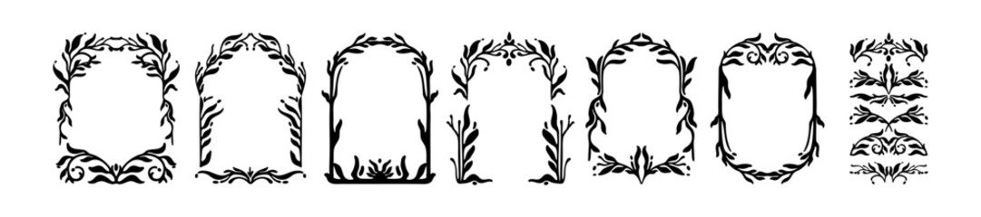 Floral frame set, hand drawn botanical border vintage ornamental wedding invitation organic decor. Classic swirl divider elegant branch silhouette decoration. Fantasy black floral frame design element © Oleksandra