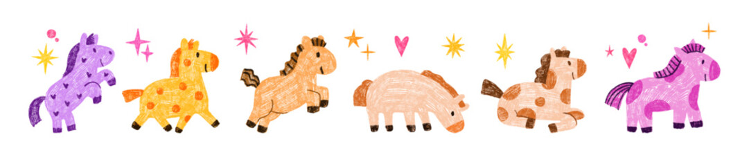 Fototapeta na wymiar Cute horse kids 2026 New Year symbol print set, hand drawn childish cartoon naive pony illustration. Wax crayon scribble funny animal, kindergarten holiday playful decor. Cute colorful horse character