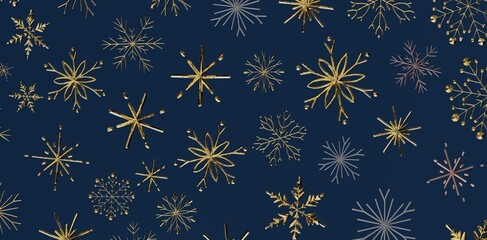 Luxurious winter pattern featuring gold and silver snowflakes on a deep blue background. Perfect for holiday designs, Christmas cards