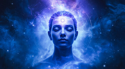Enlightened third eye human face glowing with cosmic energy and sacred geometry.