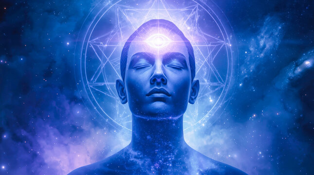 Meditative human face with glowing third eye, surreal cosmic style, galactic background, concept of spiritual awakening and higher consciousness