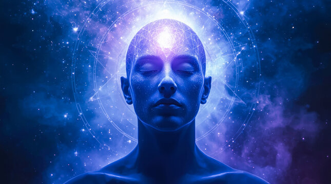 Meditative human face with glowing third eye, surreal cosmic style, galactic background, concept of spiritual awakening and higher consciousness