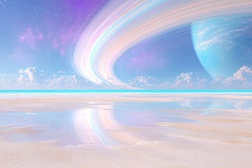Pastel Dreamy Beach With Planets And Stars