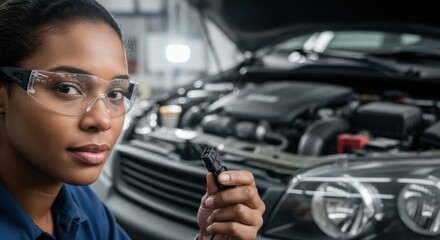 Female mechanic holding HID headlight bulb in front of car with open hood — ideal for HID kit, car lighting and automotive technology content.

