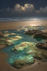 Glowing Tide Pools On Beach At Sunset