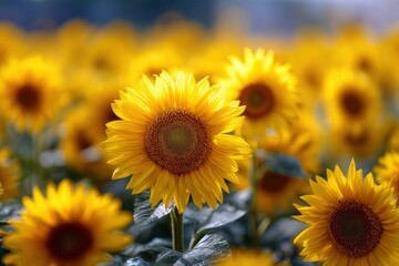 Obraz premium A vibrant sunflower stands tall amidst a field of golden blooms, radiating warmth and evoking joy