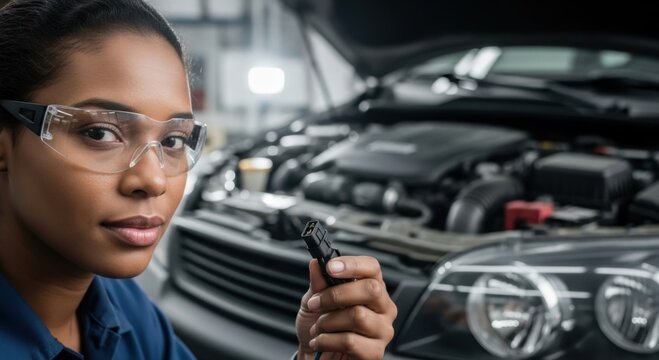 Female mechanic holding HID headlight bulb in front of car with open hood — ideal for HID kit, car lighting and automotive technology content.

