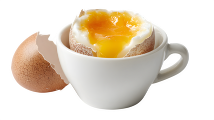 soft-boiled egg in cup with cracked shell and runny yolk, breakfast meal, isolated on white background