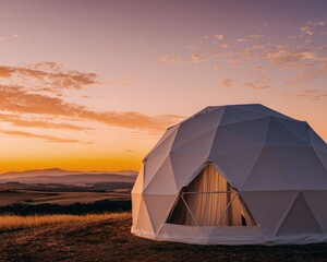 Modern Geodesic Dome at Sunrise Over Hilly Landscape