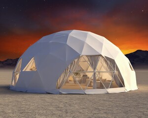 White Geodesic Dome Structure In Desert Landscape At Sunset