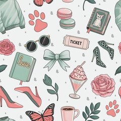 Feminine Fashion and Lifestyle Seamless Pattern with High Heels, Sweets, Sunglasses, Books, and Cute Elements