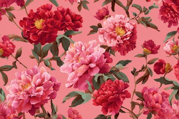 Vibrant floral pattern featuring peonies in rich red and soft pink shades against a delicate pink background, enhanced by green leaves, perfect for textiles or wallpaper designs