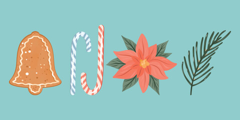 Candy cane and cookie clipart, Bell and poinsettia set, Cane and sprig collection
