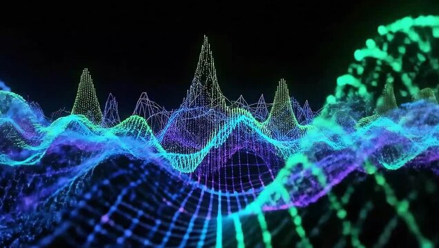 Abstract digital wave data visualization with glowing neon grid and futuristic DNA helix structure on dark background - Powered by Adobe