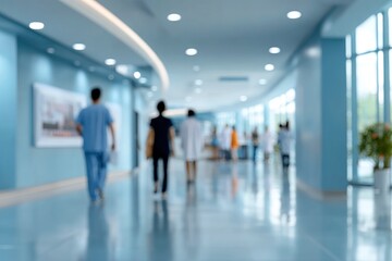 Fototapeta premium Blurred figures walk through a modern, bright hospital corridor with cool blue tones and smooth,