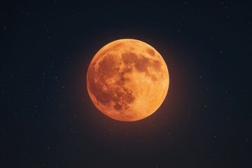 Obraz premium Majestic moon glowing in orange and gold hues against a dark starry sky, showcasing realistic textures and craters, evoking a serene and mysterious nocturnal ambiance