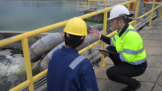 Engineers inspecting and discussing processes at a wastewater treatment plant focused on purification, recycling, and clean water reuse for sustainable industrial water management.