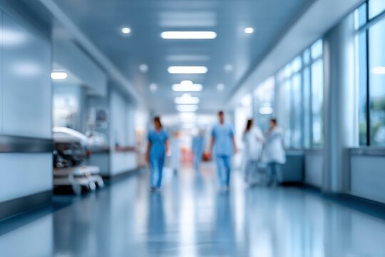 Blurred medical staff walk through a modern hospital corridor with blue toned walls and reflective